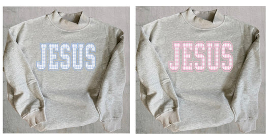 Jesus Gingham Print Mock Neck Crews